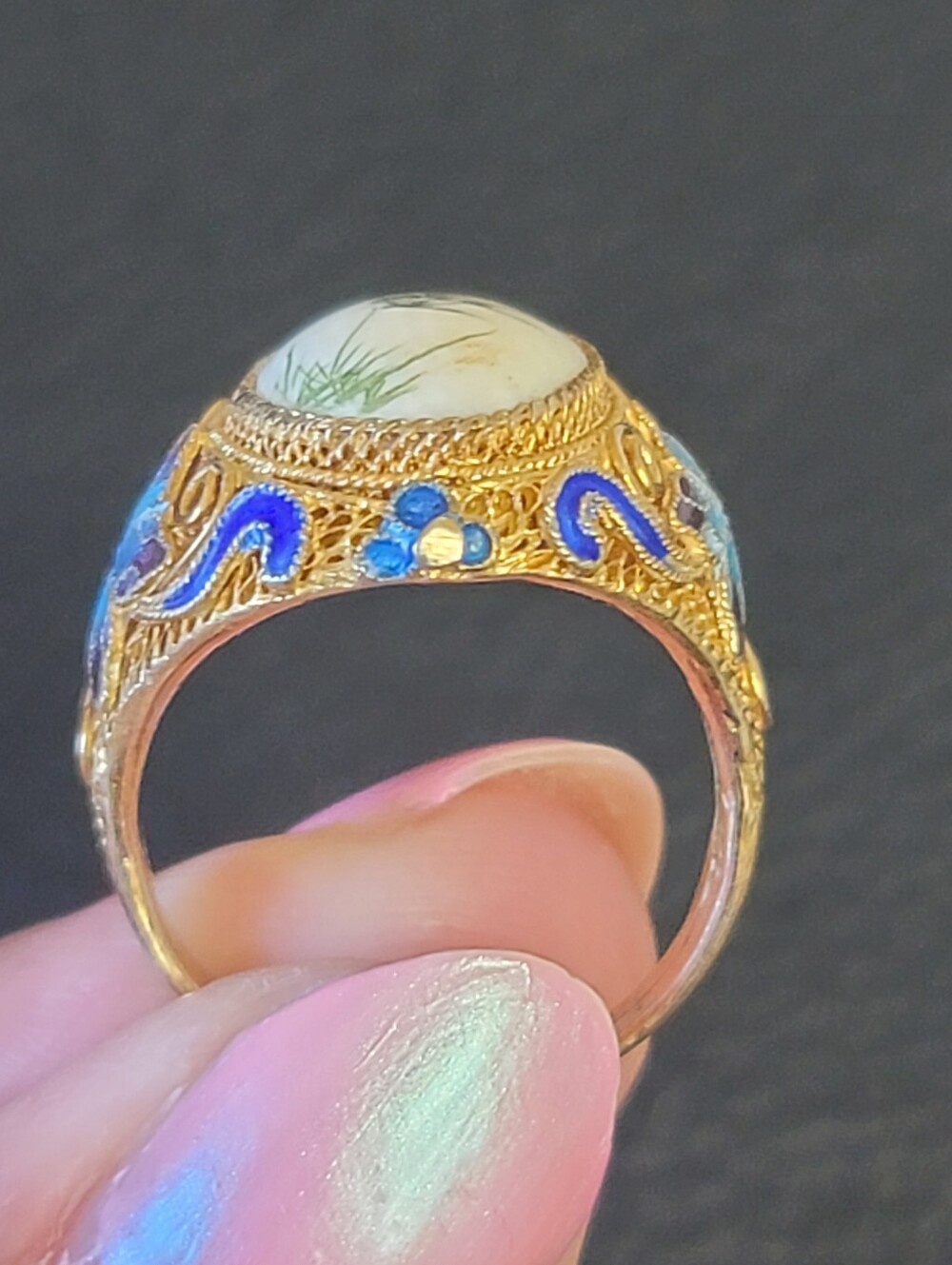 RARE Antique Ring, Hand-Painted Bird Porcelain Cameo, Gold Vermail Over Silver - Picture 9 of 11